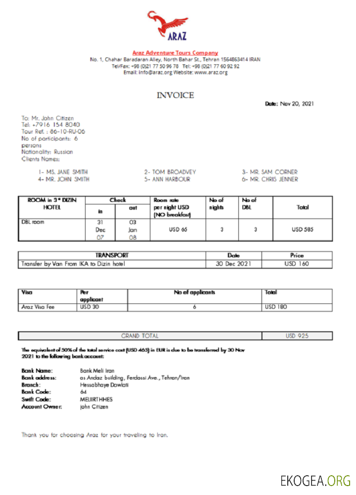 Facture de la société Iran Araz Tours